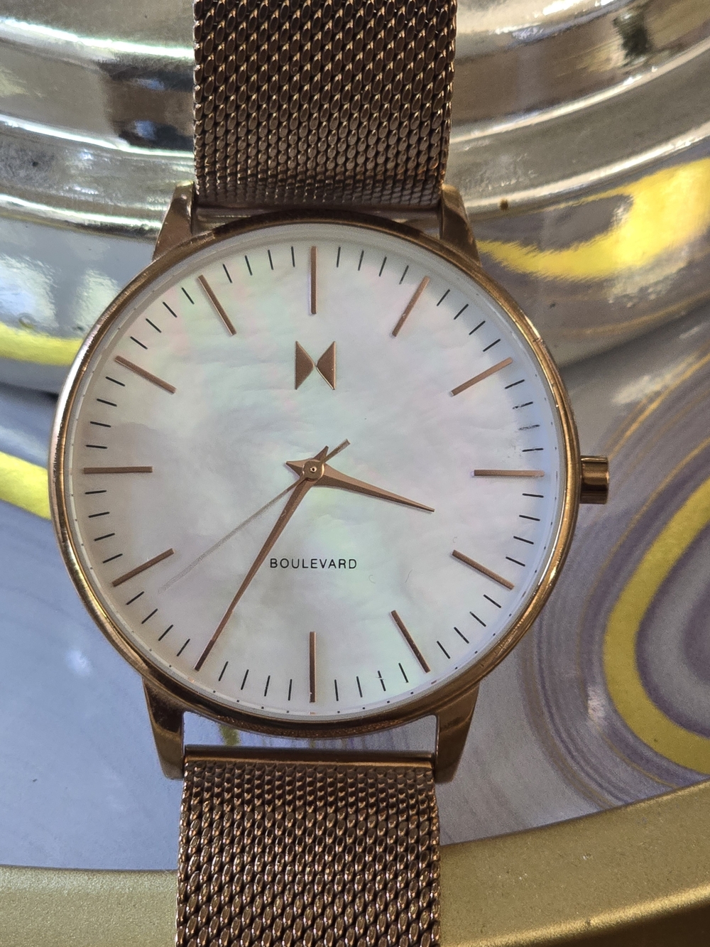 Boulevard Women's Rose Gold Mesh Strap Watch with Mother-of-Pearl Dial